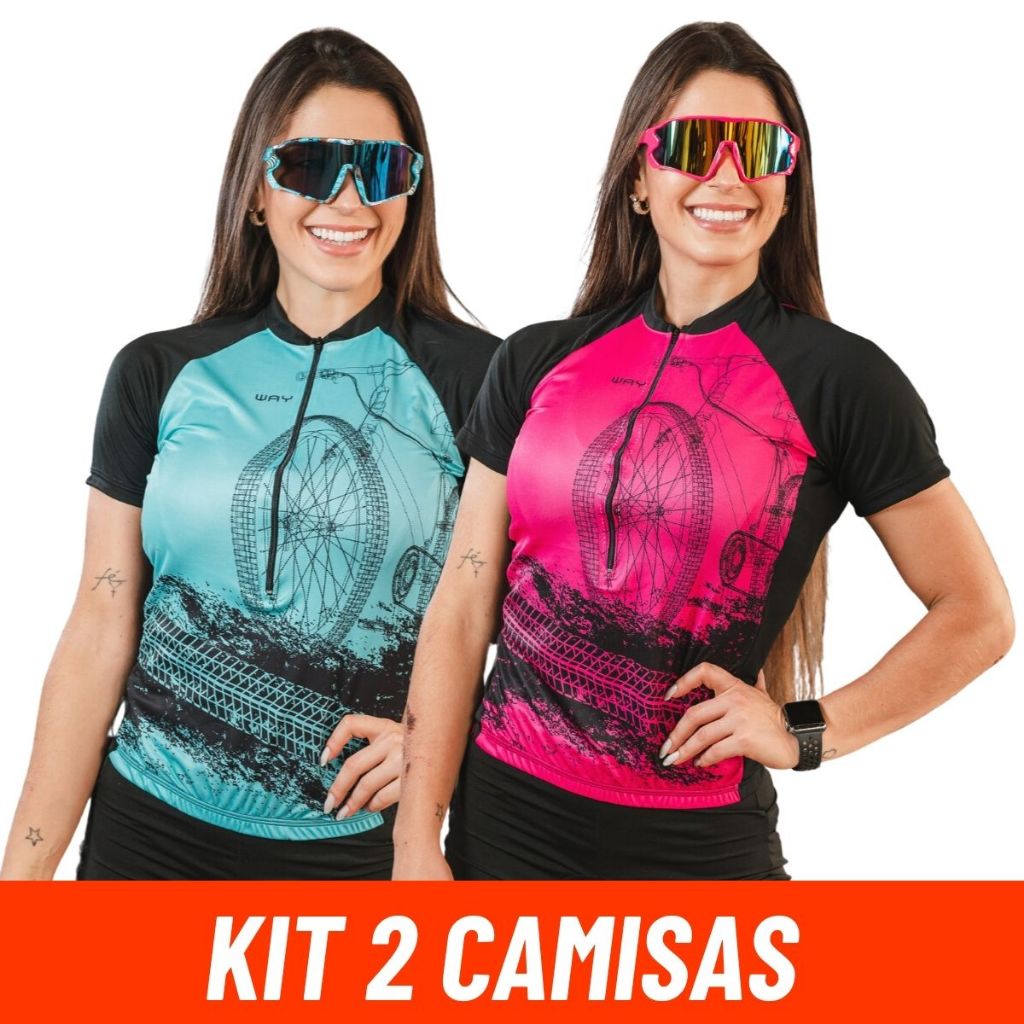 Kit 2 Camisas Ciclismo Feminina Proteção Solar UV Manga Curta Pedal Camiseta  Bike Roda Rosa Azul Amarelo Mtb