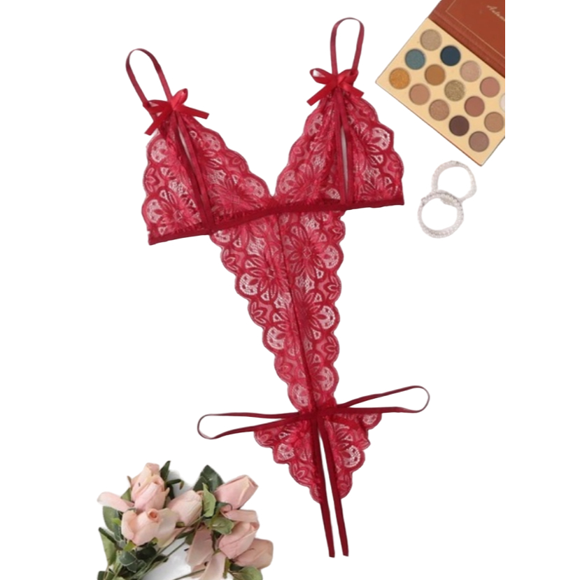 Lingerie Body rendado com abertura marido apressado em Oferta na Shopee