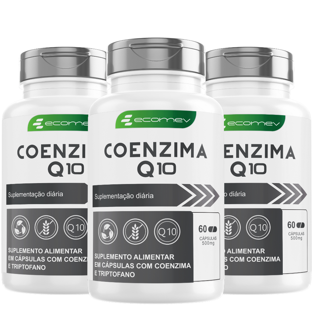 3 Potes Coenzima Q10 com L-Triptofano 500mg Pura 180Cáps Ecomev