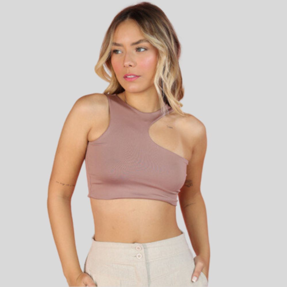 Cropped Feminino Regata Assimétrico Ombro Vazado Moda Top Tecido Duplo Premium Envio Imediato em Oferta na Shopee