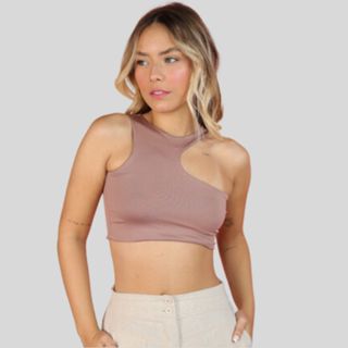 Cropped Feminino Regata Assimétrico Ombro Vazado Moda Top Tecido Duplo Premium Envio Imediato em Oferta na Shopee
