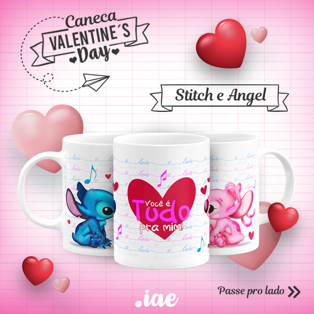 Caneca Branca Personalizada - Stitch e Angel Disney - DIA DOS NAMORADOS Disney fofinho estampa exclusiva