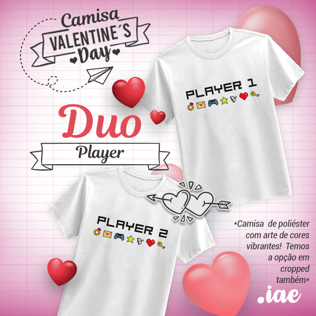 Kit 2 Camiseta Branca Basica Videogame Player 1 e Player 2 DIA DOS NAMORADOS LOVE Conjunto de Casal Estampa Exclusiva