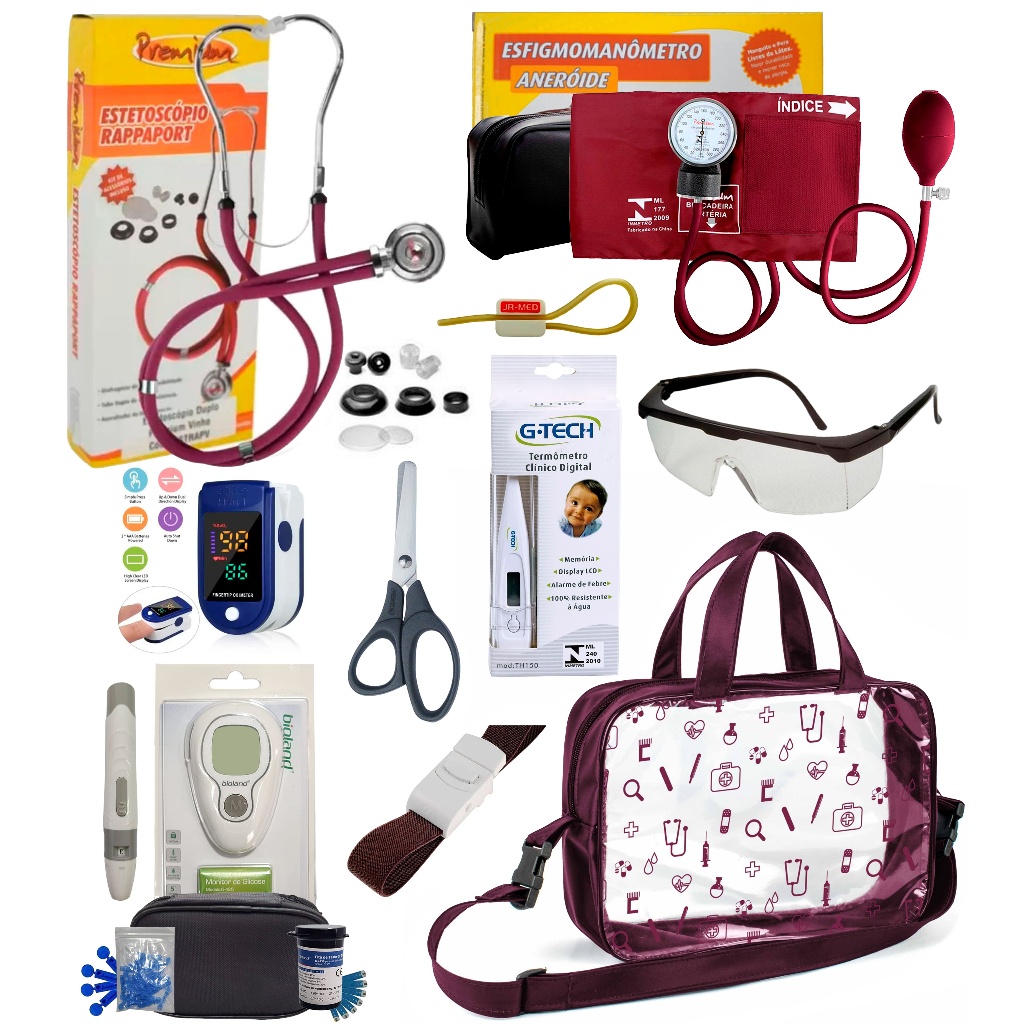 Kit Material de Enfermagem Estágio Aparelho de Pressão + Estetoscópio Duplo Premium com Oximetro -VINHO ROSA PRETO LILÁS