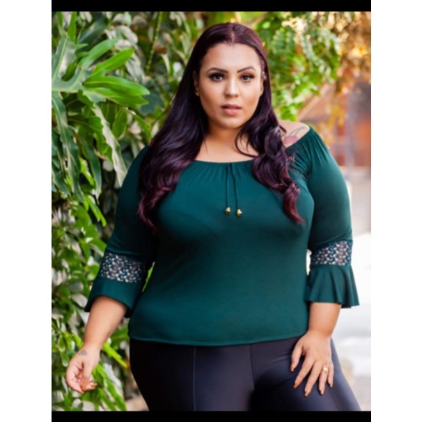 BLUSA PLUS SIZE DE VISCOLYCRA ESTILO CIGANINHA COM RENDA SOLTINHA VESTE ATE O TAM. 50(Cód23)