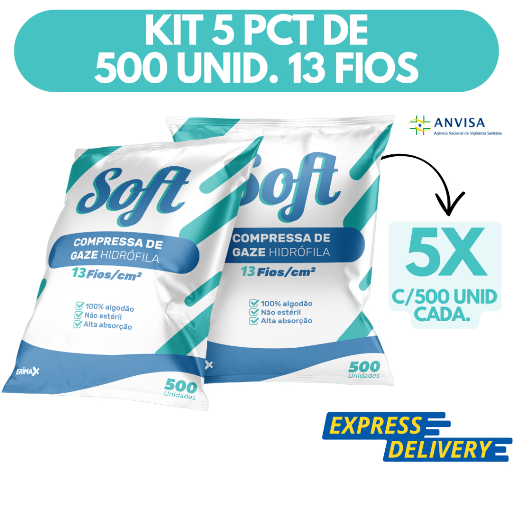 Kit 5 Compressa De Gaze 13 Fios 2500 Unidades Soft Hidrófila Gazes Descartável Anvisa