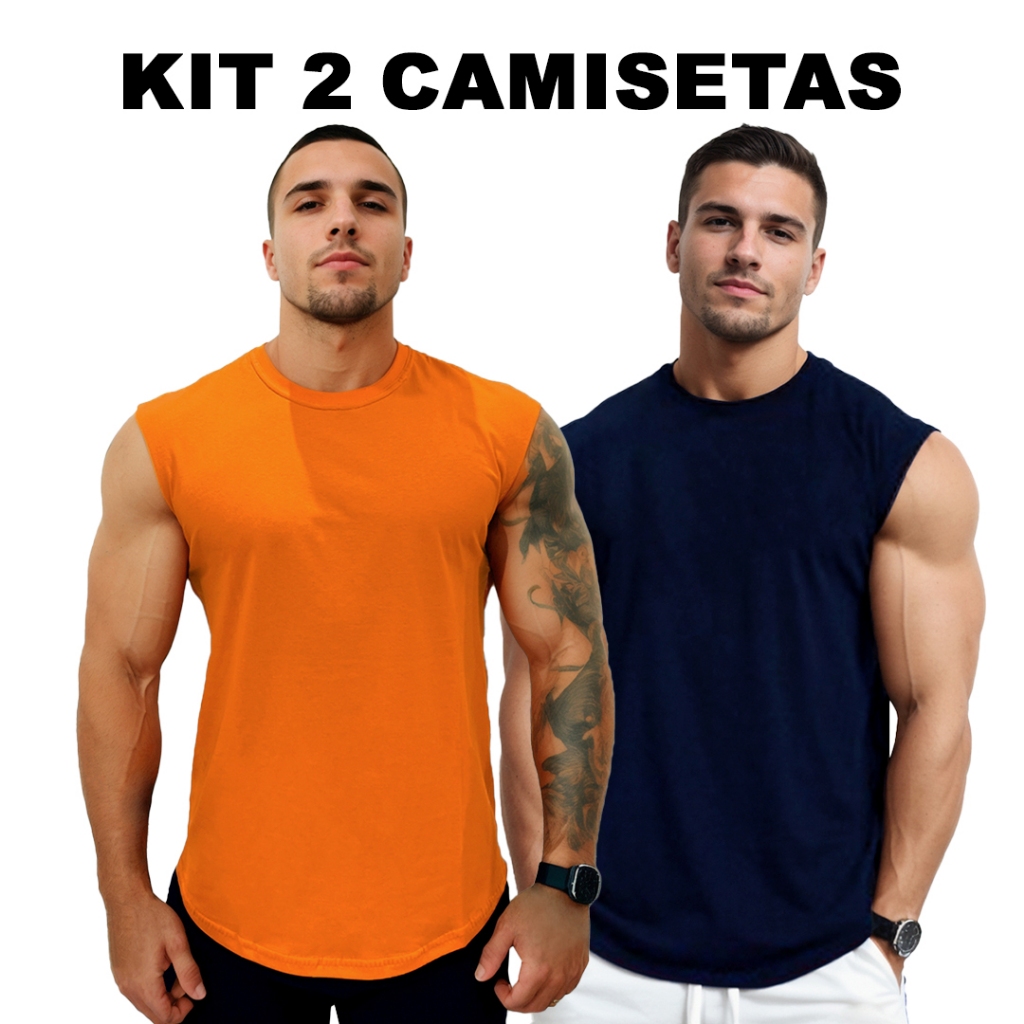KIT 2 Camisetas Laranja + Cores Masculinas Manga Japonesa Longline Algodão Bombey Lisa sem Estampa