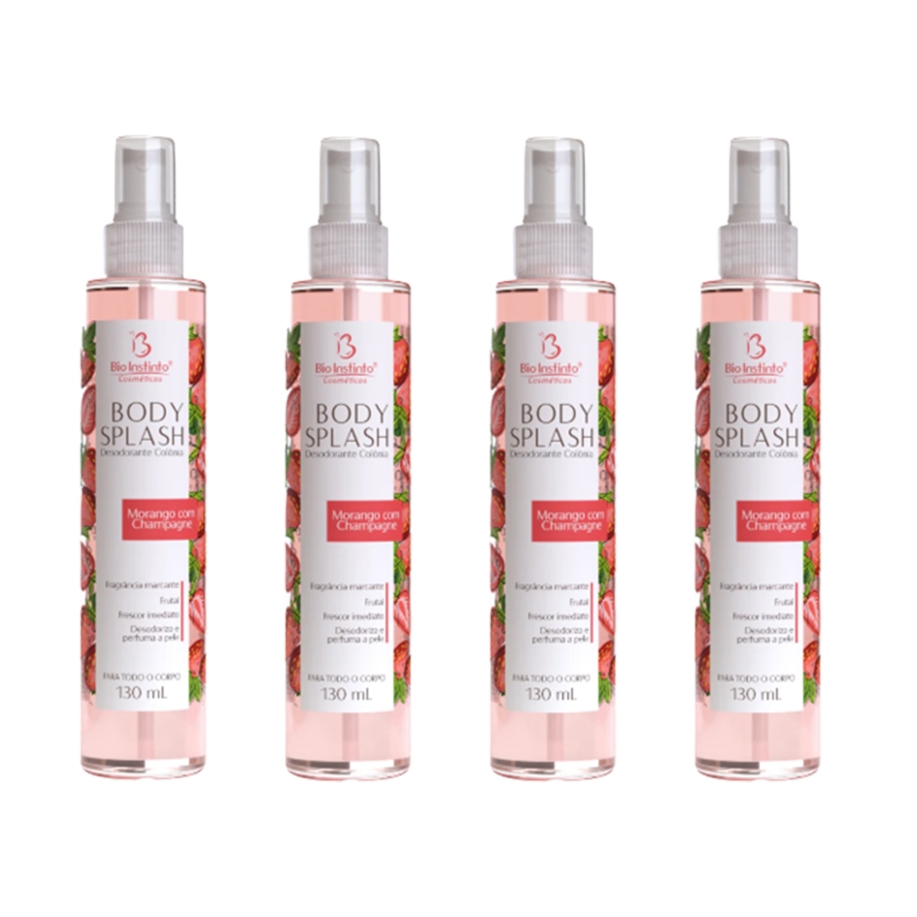 Kit 4x Body Splash Desodorante Colônia Morango Champagne 130ml