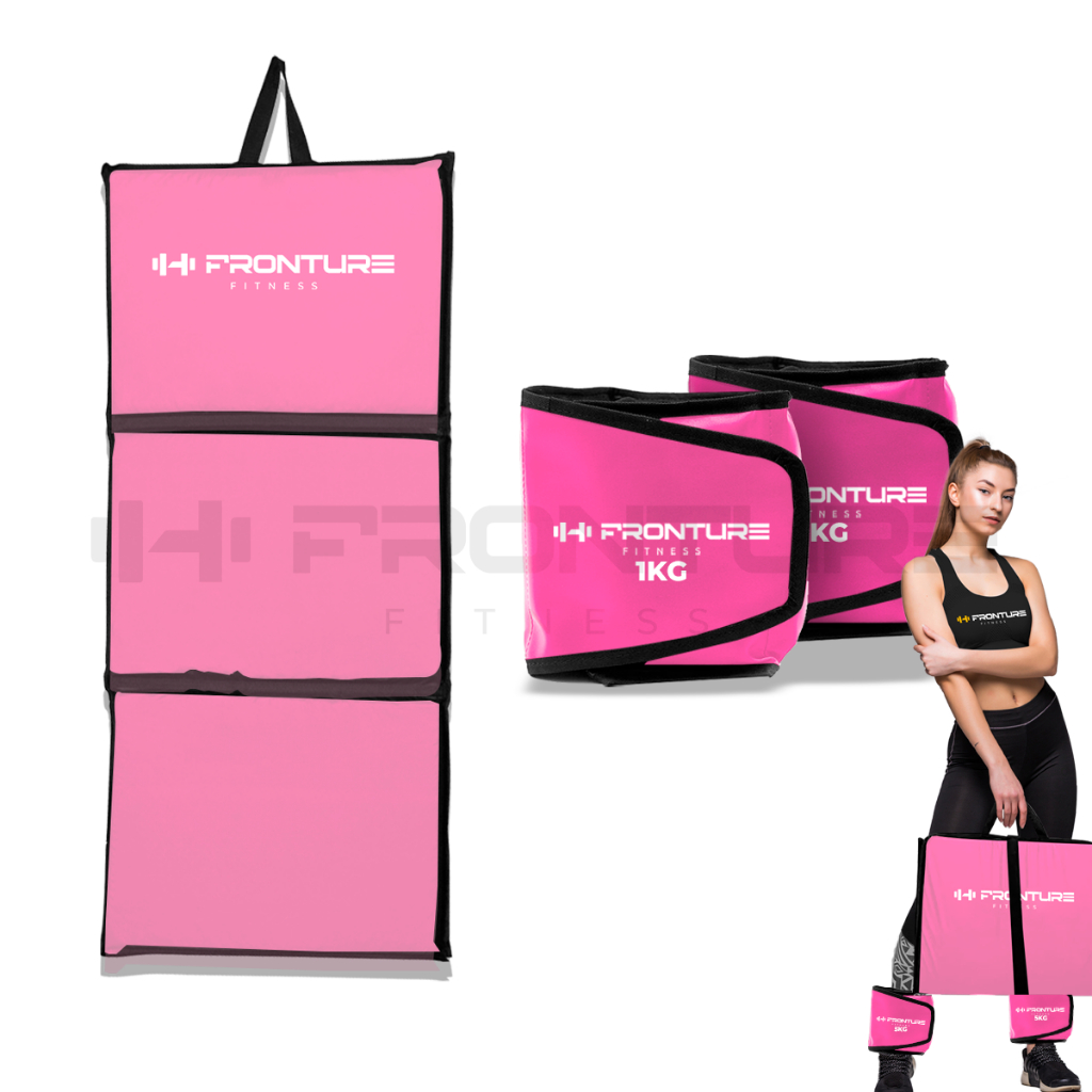 Kit Colchonete Rosa Dobrável D50 Academia Maleta + Par de Caneleira Musculação Fitness Tornozeleira