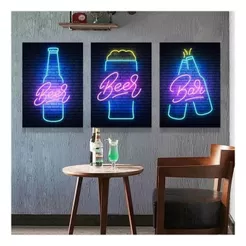 Kit Quadros Decorativos Mosaico 3 peças MDF 95x50 4K Bar Neon Cerveja DRINK Noite Colorido