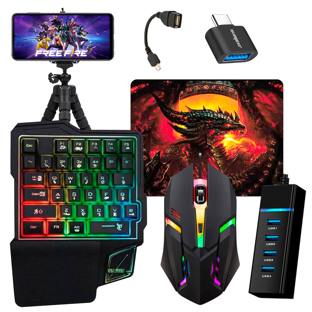 Kit Mobilador de Celular Teclado Uma Mao RGB + Mouse Gamer 1600dpi + Hub usb 3.0 4 Portas