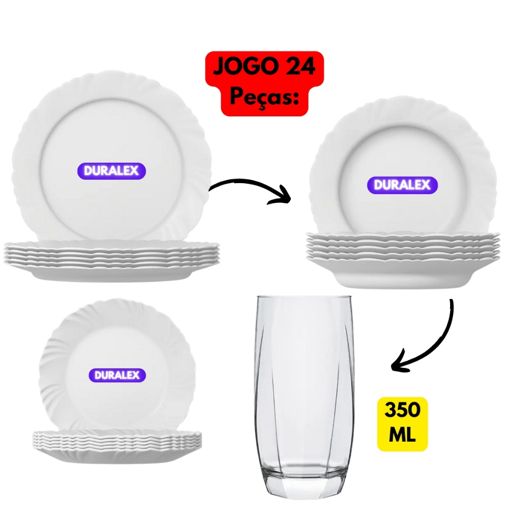 Aparelho de Jantar 24 Peças 18 Pratos Vidro Petala Raso Fundo Sobremesa + 06 Copo Capri 410ML Drink Mesa Posta Jogo Kit Almoço Temperado