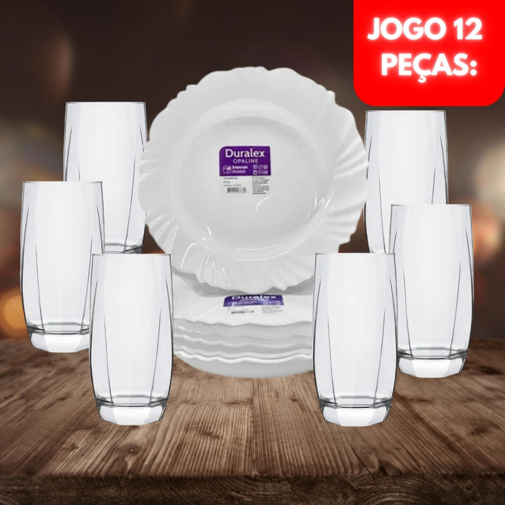 Jogo Kit 12 Peças Jantar 06 Prato Pétala Fundo+06 Copo Capri 410ML Vidro Nadir Duralex Redondo Grande Branco Aparelho Temperado Transparente