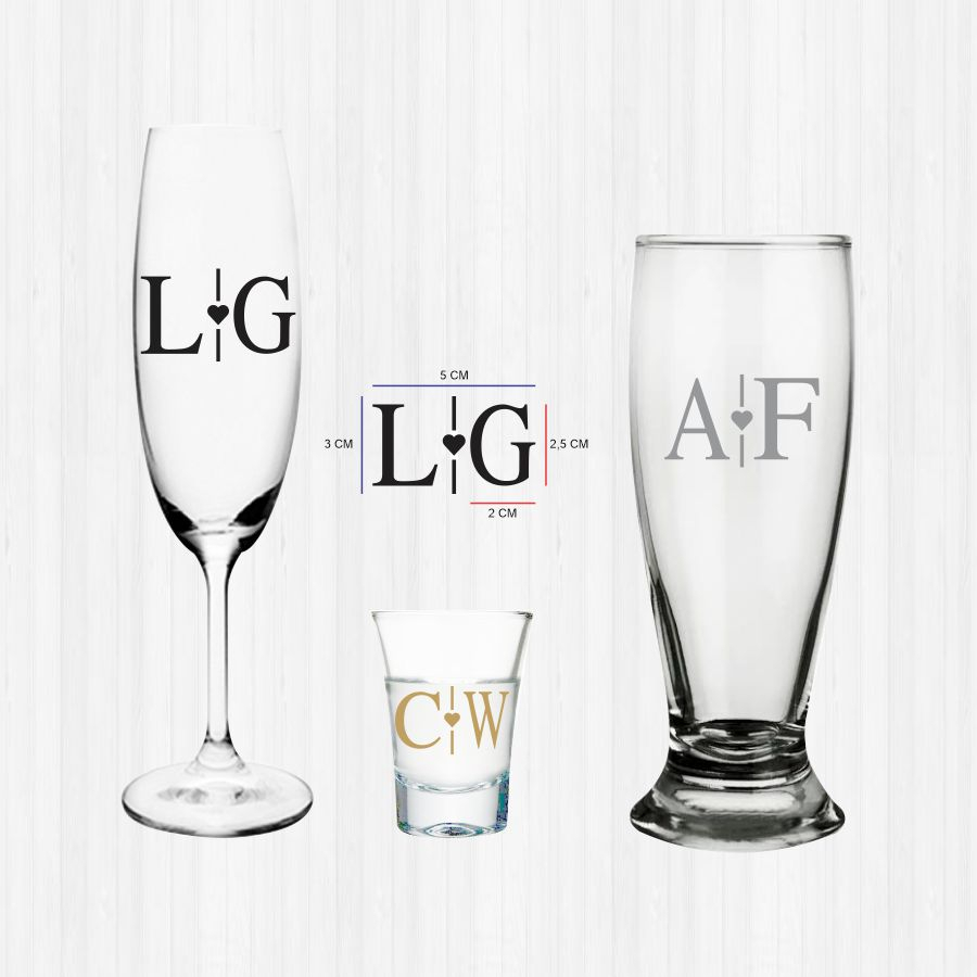 20 pçs Adesivo Iniciais Pares para Taça Copo, Casamento, Debutante, Festas em Vinil sem Fundo