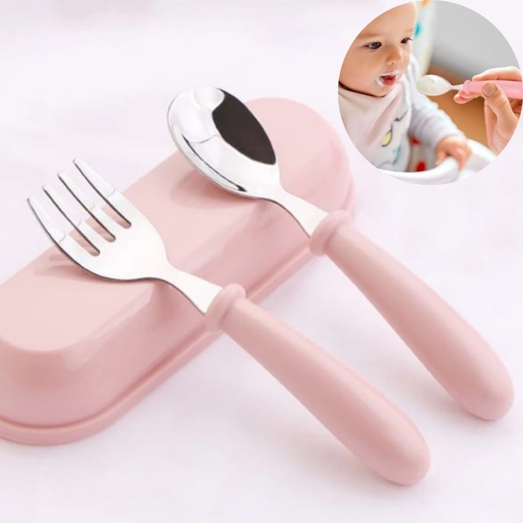 talheres Infantil Aço Inox COLHER GARFO COM ESTOJO COM TAMPA KIT PAPINHA Bebe MAIS SAUDÁVEL 12 CENT