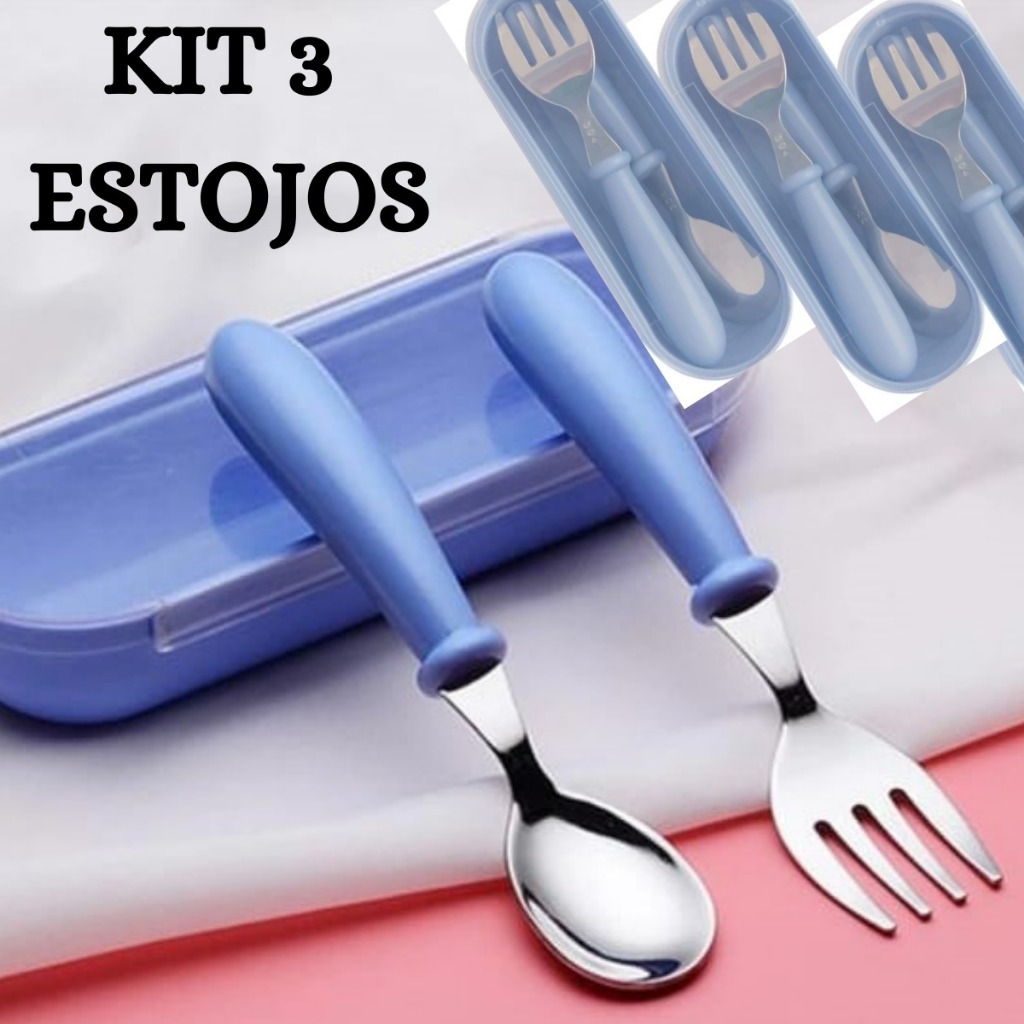 KIT 3 ESTOJOS talheres Infantil Aço Inox COLHER GARFO COM ESTOJO COM TAMPA KIT PAPINHA Bebe 12 CENT