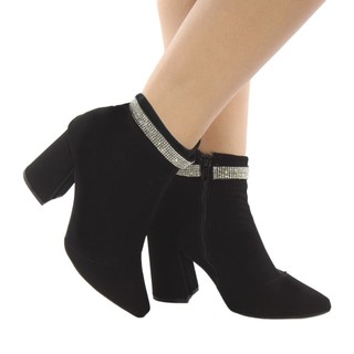 Bota feminina cano curto nobuck preto com detalhes em strass salto bloco 8cm