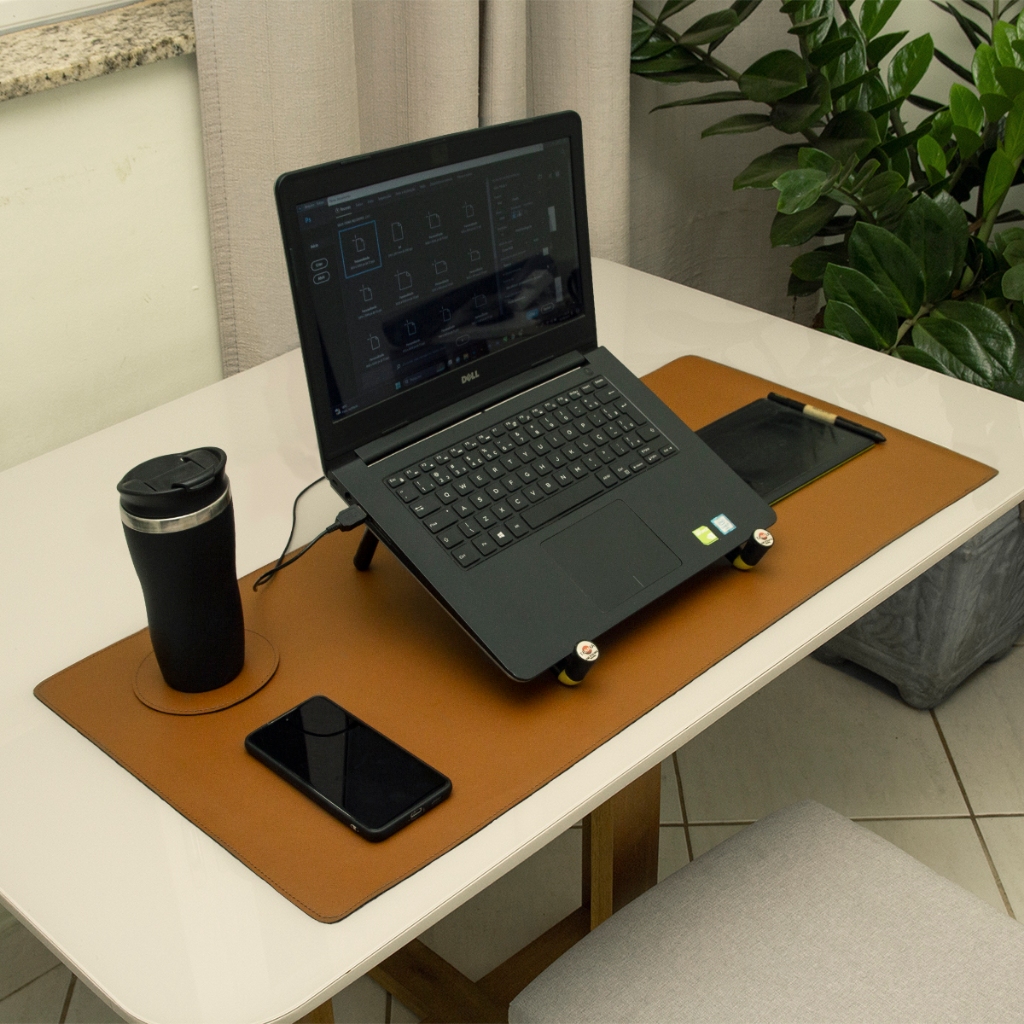 Mouse Pad Grande Marrom Deskpad 90x40cm Impermeável Couro Sintético Escritorio Off
