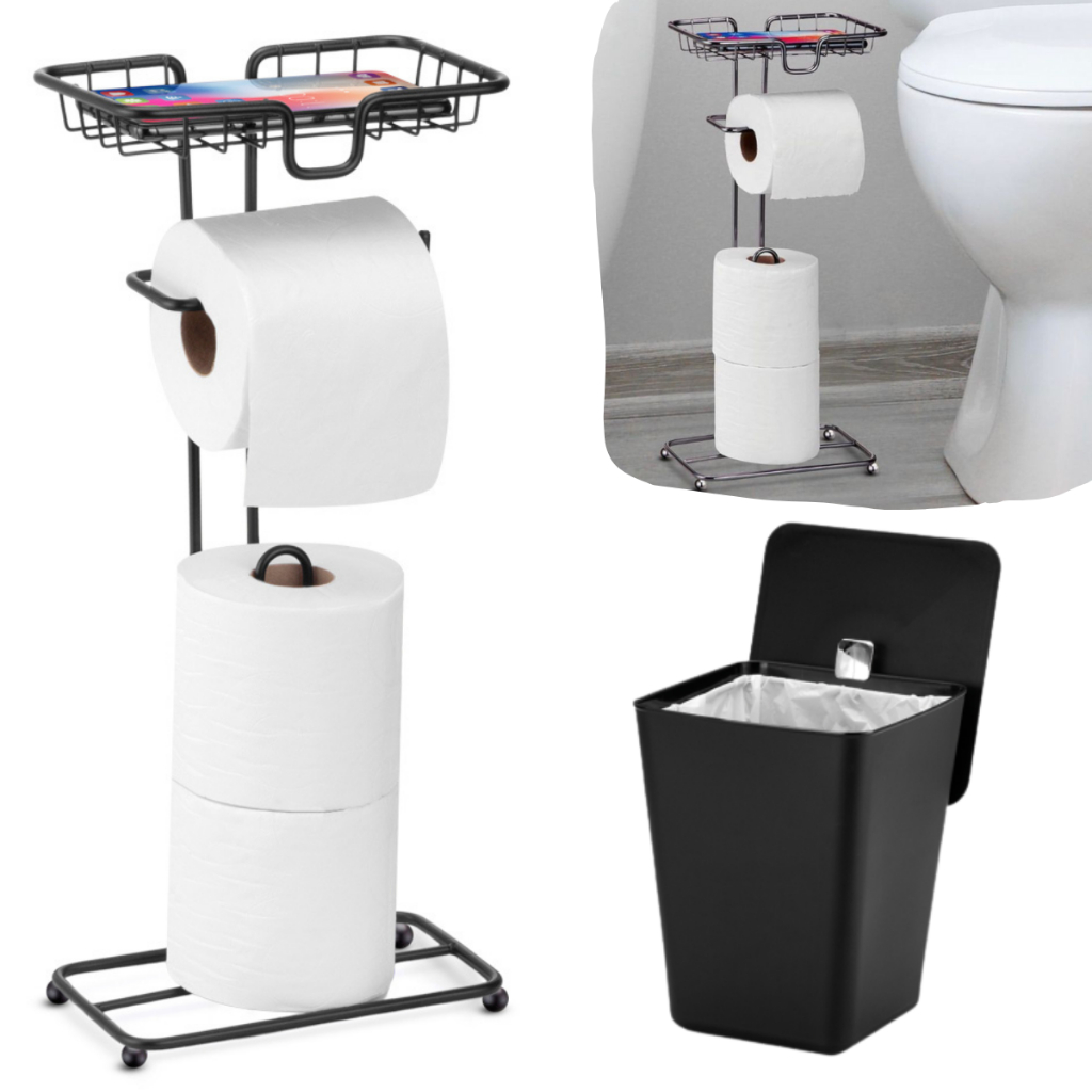 Kit Acessórios Para Banheiro Preto Com Lixeira Porta Papel Higiênico De Chão Papeleira Lavabo Luxo