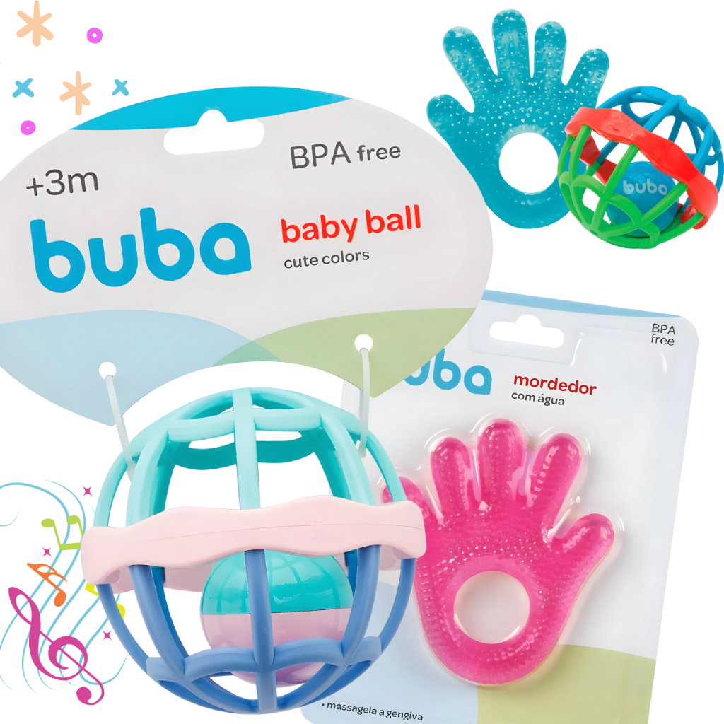 Kit Mordedor + Chocalho Com Barulho Baby Ball Buba Com Textura Massageador de Gengivas Com Água