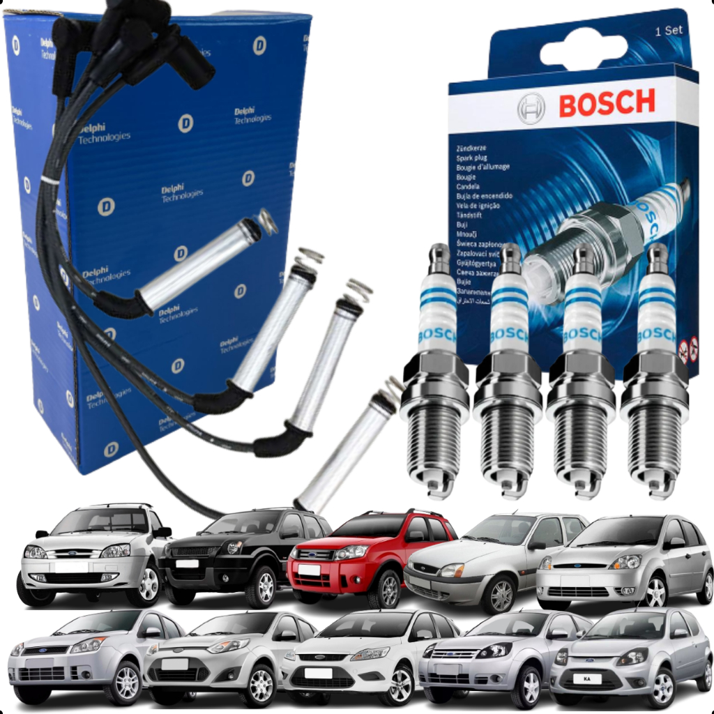 Kit Jogo Cabo E Vela De Ignição Original Delphi Bosch Ford Fiesta Focus Ka Courier Ecosport em Oferta na Shopee