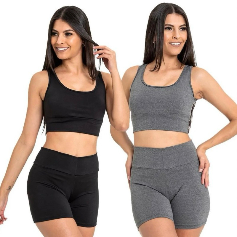 Conjunto Shorts e Top Feminino Suplex Short Cintura Alta básico Academia Fitness