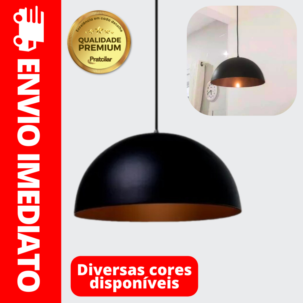 Pendente Meia Lua, Lustre Meia Bola 35cm - Preto com Cobre  Pratcilar