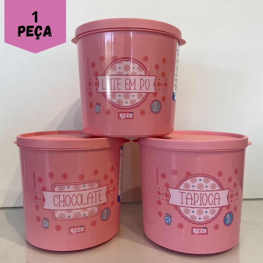 Porta Mantimento 2 Litros Rosa Estampado  Chocolate Leite em Po Tapioca Plástico Peças Avulsa ou Kit