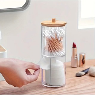Porta Cotonete Algodão Organizador Com Tampa De Bambu Transparente em Oferta na Shopee
