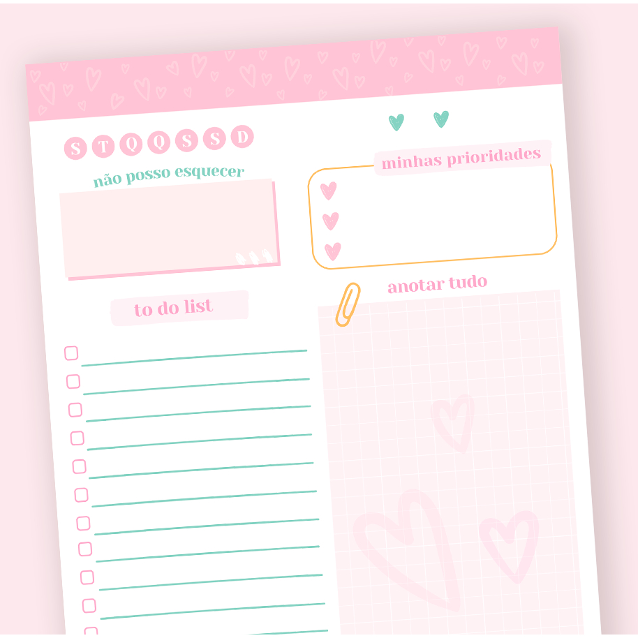 Bloco Planner Diário com checklist - Tarefas diarias - blocagem destacável - Rosa