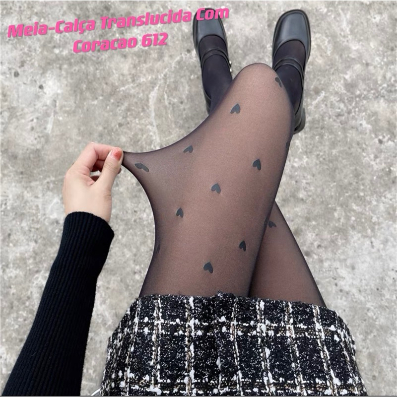 Meia Calça Femininas Translúcida Com Coração e Pelúciada Temica 612