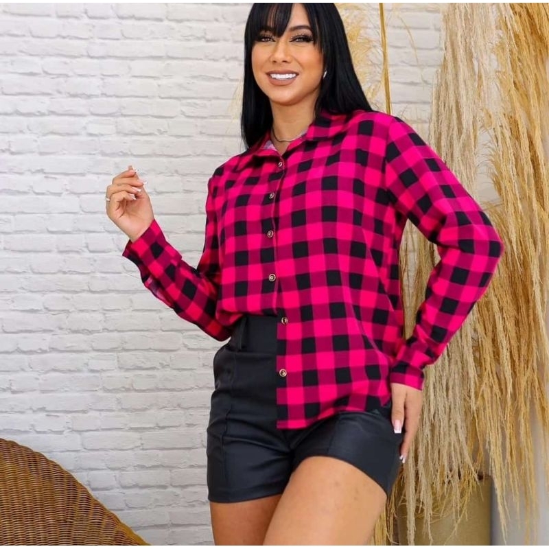 camisa xadrez feminina botão blusa xadrez manga longa quadriculada camisete