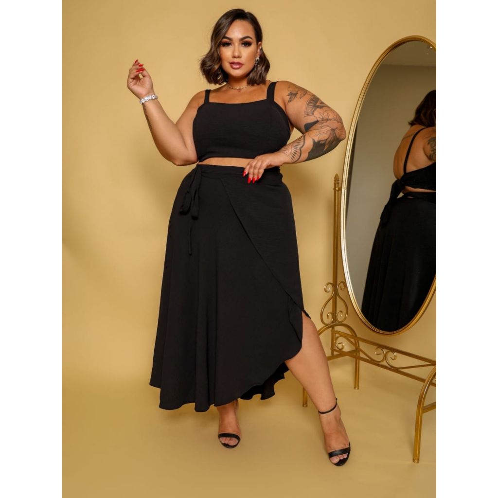 Conjunto Estampado Cropeed e saia envelope Plus Size Moda Verão