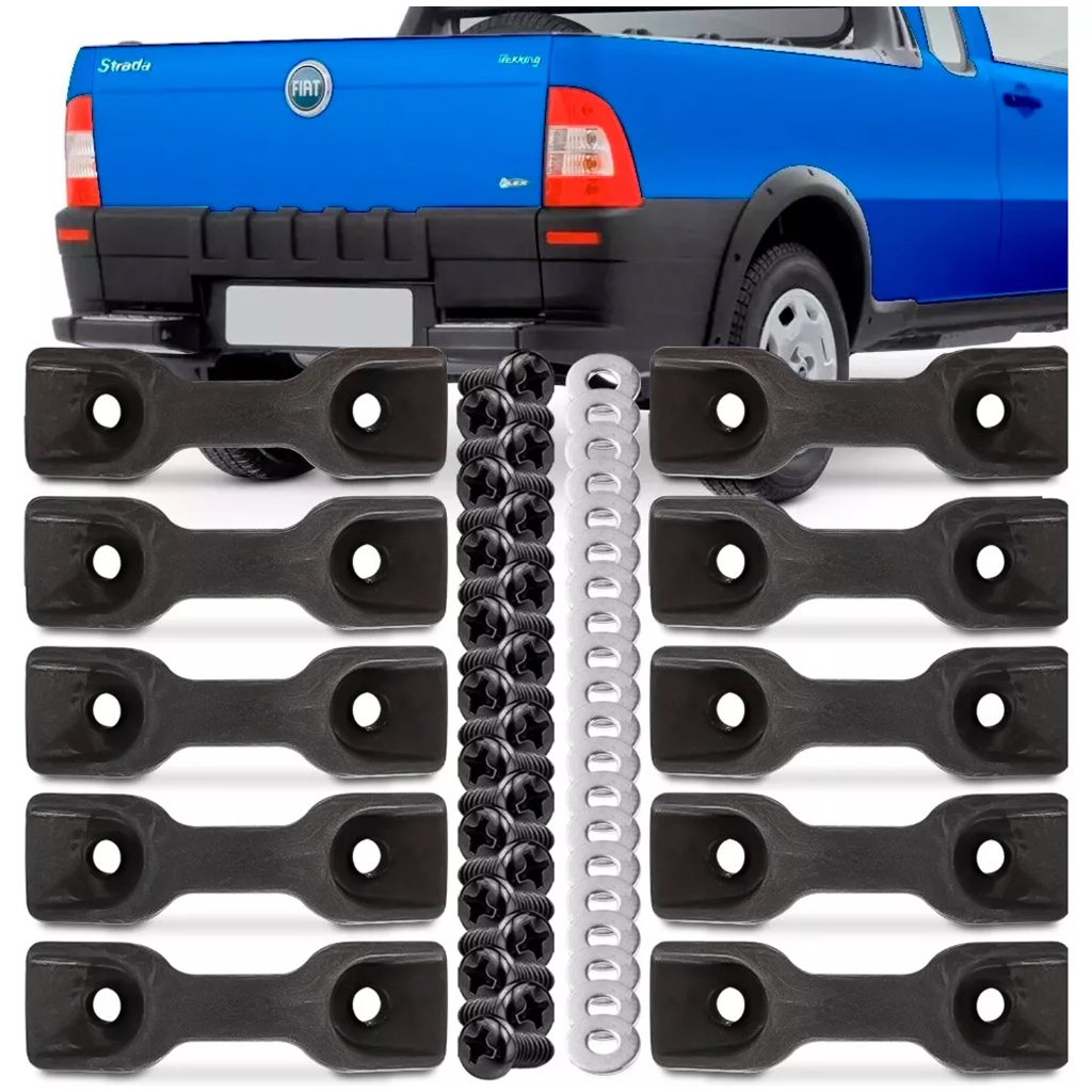 Kit Ganchos Caçamba Fiat Strada 1997 A 2014 Toro com Parafusos e Arruelas 10 unidades
