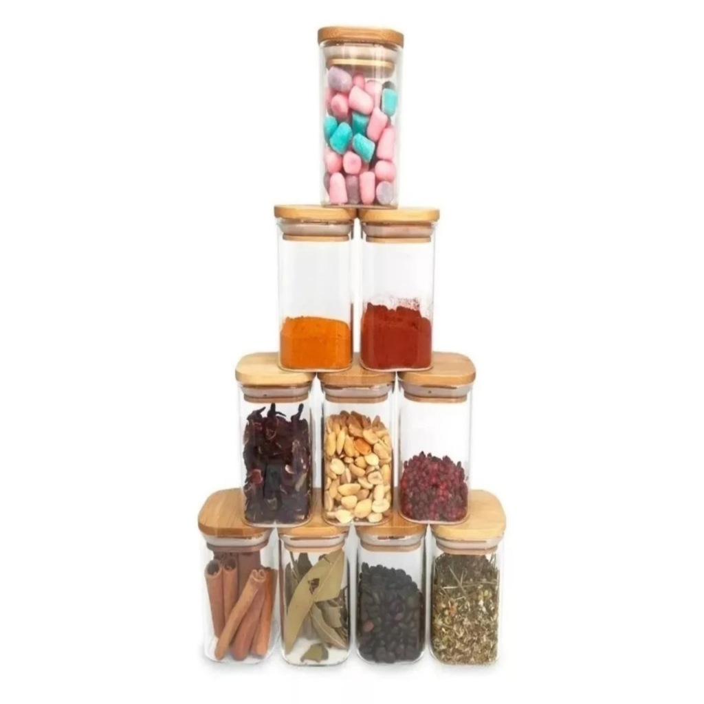 Kit Pote De Vidro Hermético Quadrado 200ml com Tampa de Bambu - 10 Pçs