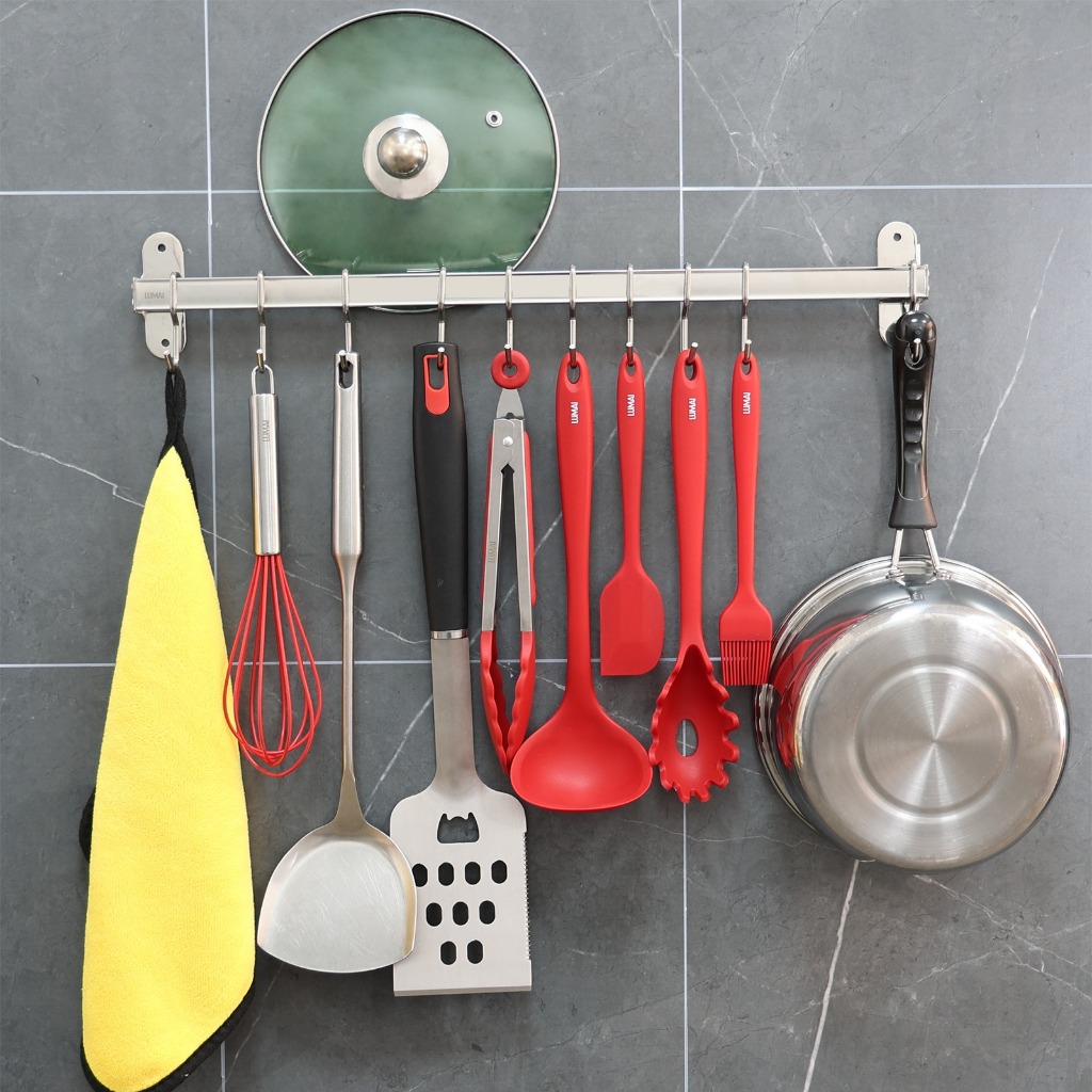 Lumai Suporte Parede Cozinha 10 Ganchos Inox 304 Barra 50cm Utensílios Organizador Trilho · foto 2