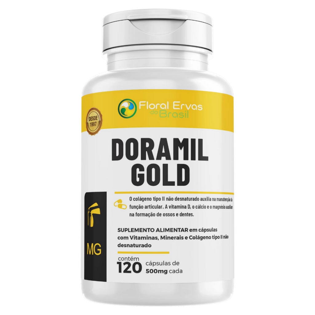 Doramil Gold 120 Cápsulas 400mg Cálcio Magnésio + Colágeno Tipo 2 Vitaminas C K2 e D3 Floral Ervas Do Brasil