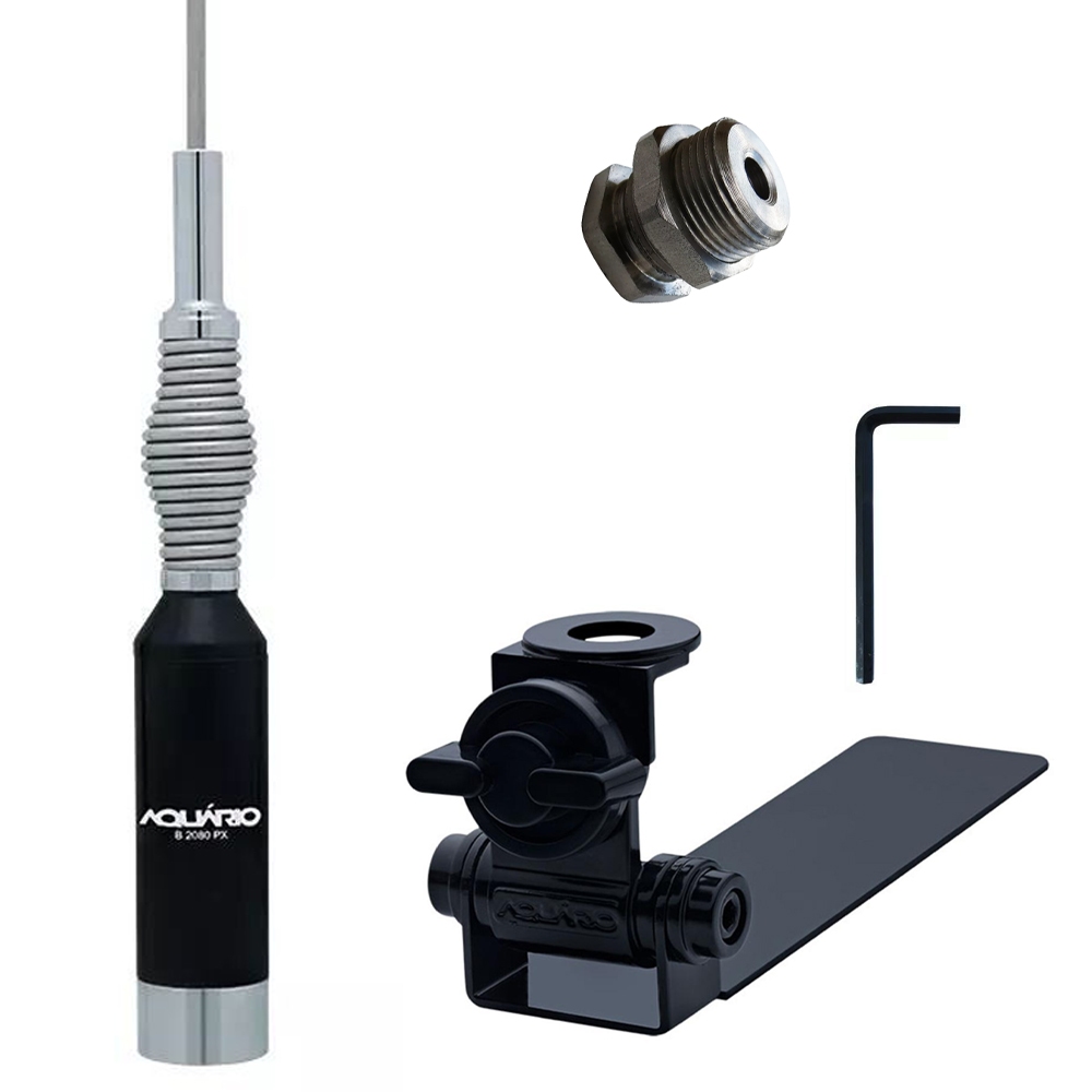 Kit Enfeite Antena Móvel PX 1,23cm Bobina na Base B-2080 + Suporte Bi-Articulado Adaptável Caminhonete Carroceria + Parafuso de Fixação