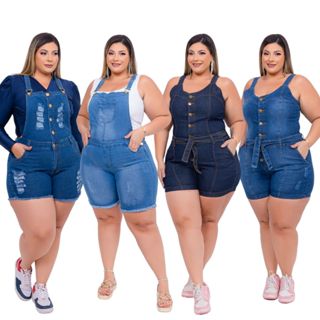 Jardineira Short Macaquinho Jeans Plus Size Feminina Lycra em Oferta na Shopee