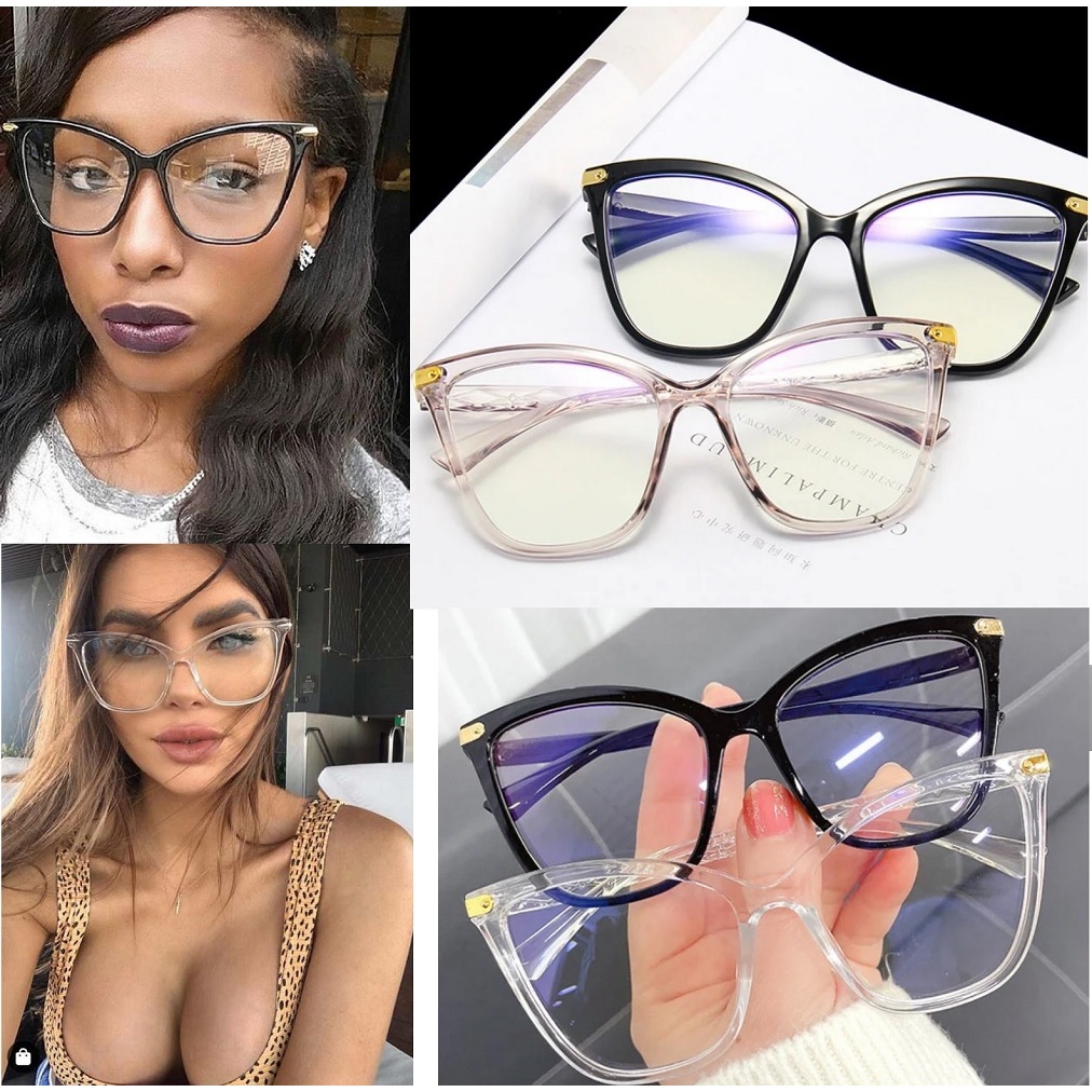 Óculos Feminino Com Lentes Blue Ray Blocker Anti Fadiga Anti Luz Azul Olho de Gato Moldura Grande