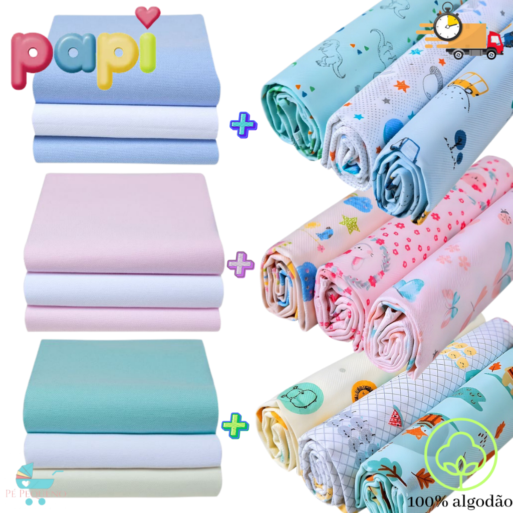 Kit 6 Cueiros Bebê Flanelado Estampado ou Liso 100% algodão 80cm x 50cm em Oferta na Shopee