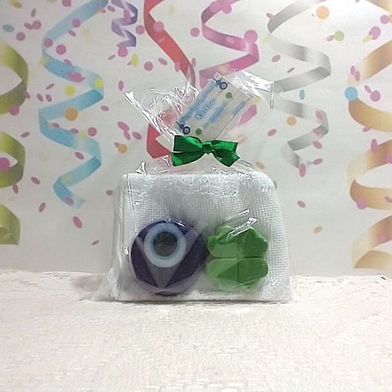 Lembrancinha Sabonete Mini Olho Grego Trevo Toalha Festa Boa Sorte Proteção