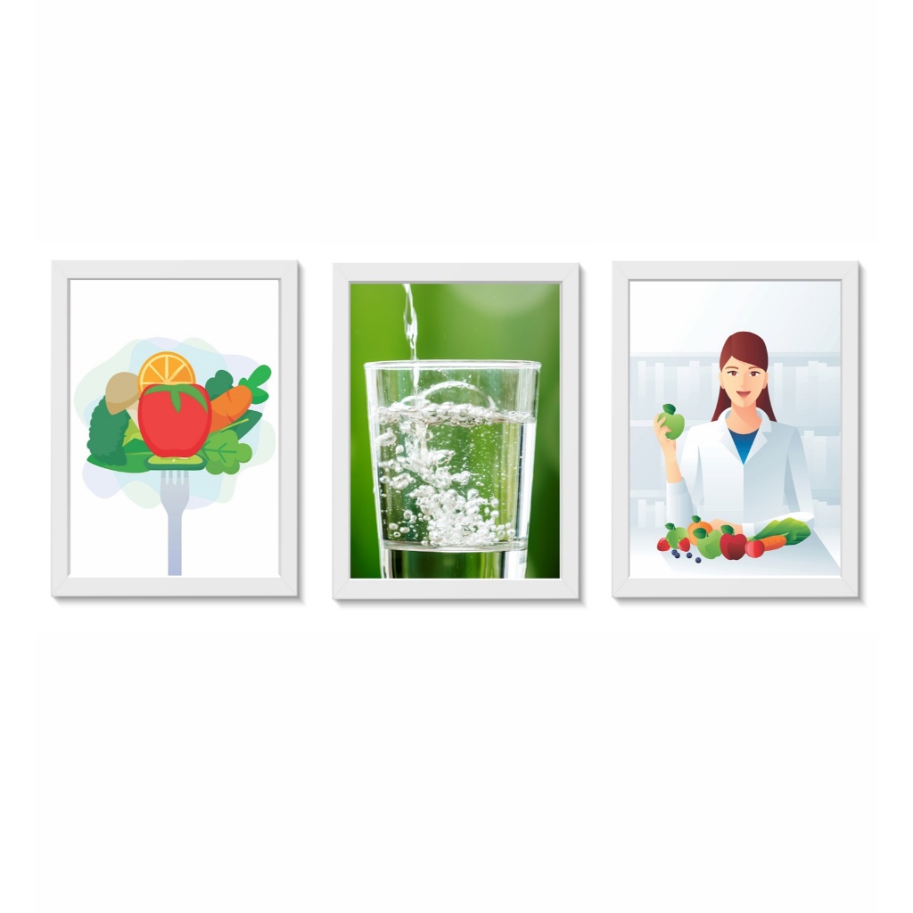 Kit 3 Quadros Decorativos Nutrologia Nutrição medicina Consultório Molduras 20x30cm Madeira