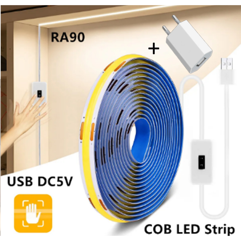 COB LED com Sensor de Movimento + Fonte USB, led, fita led,Decoração de Luz de Fundo, Fita Cob led Fita