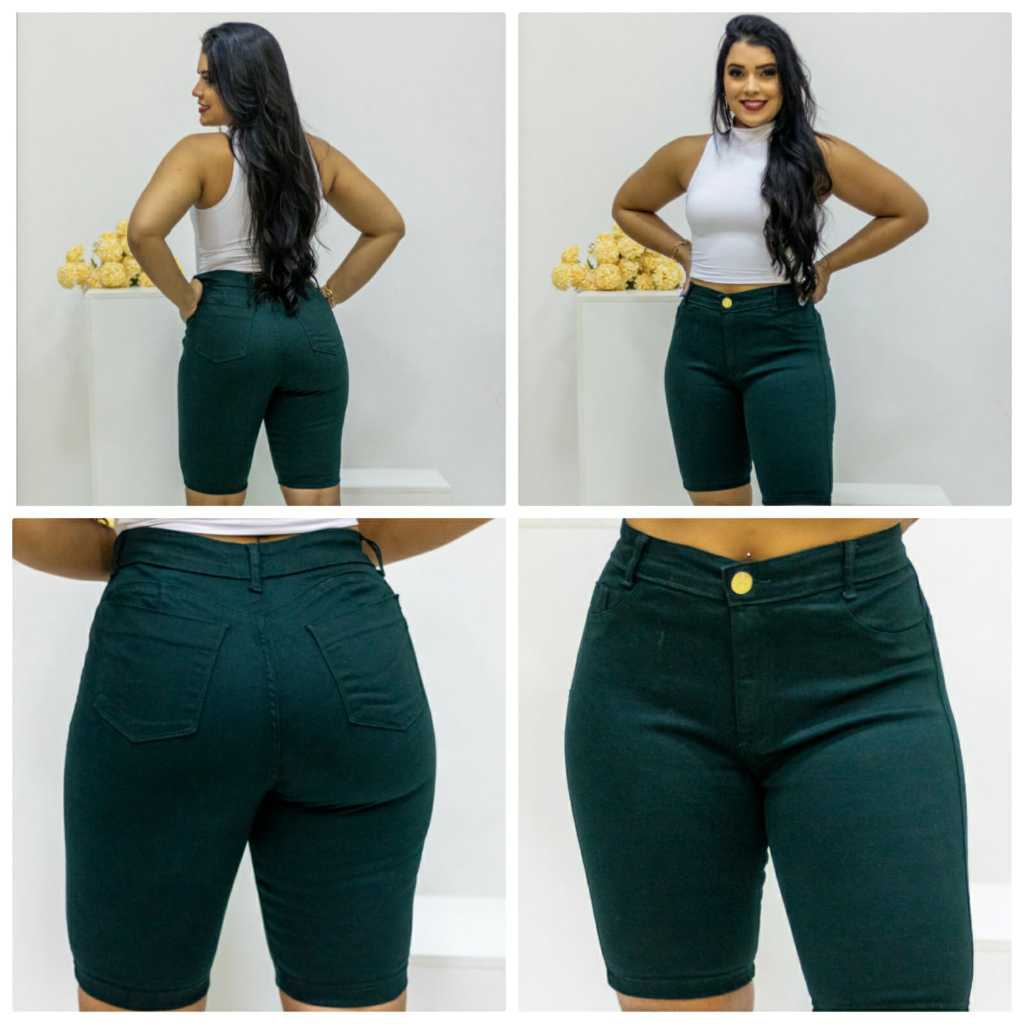 Bermuda Ciclista Colorida Verde Militar Cos Alto Com Modelagem Levanta Bumbum Com Pinça