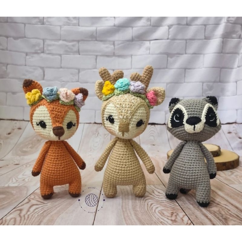 Amigurumi animais do bosque/safari em crochê - Raposa, Guaxinim, Cervo