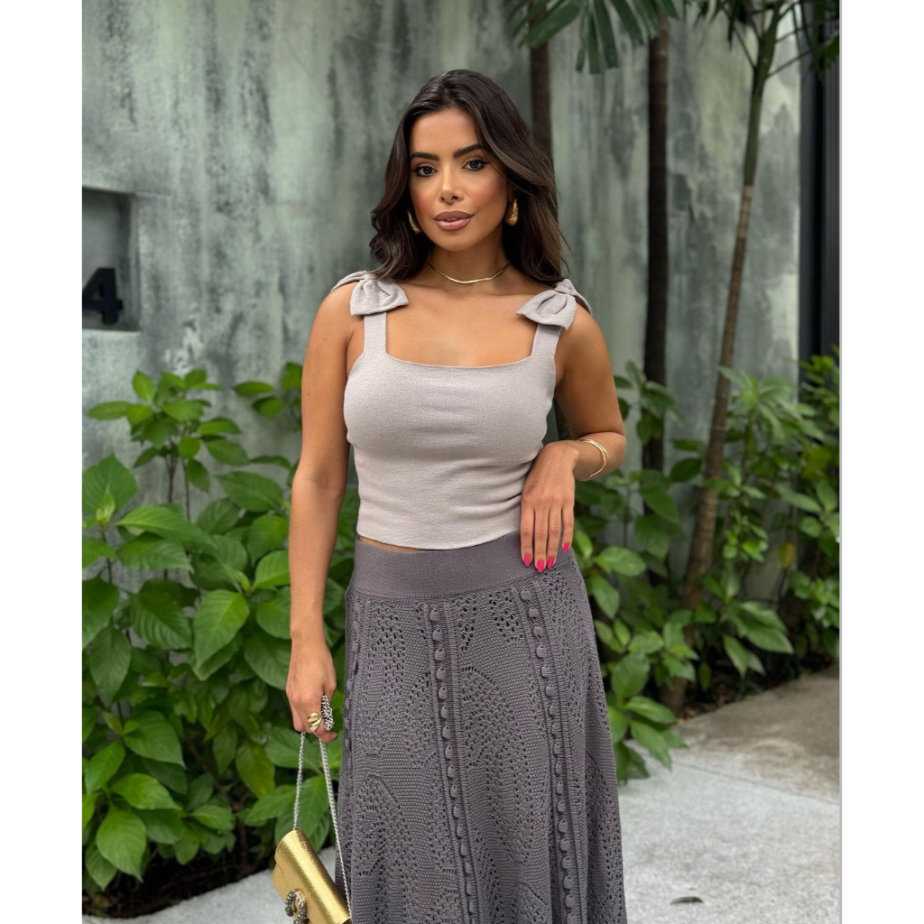 Cropped Top Blusa de Tricô Tricot Moda feminina Tamanho Único Tendência Cropped com Laço