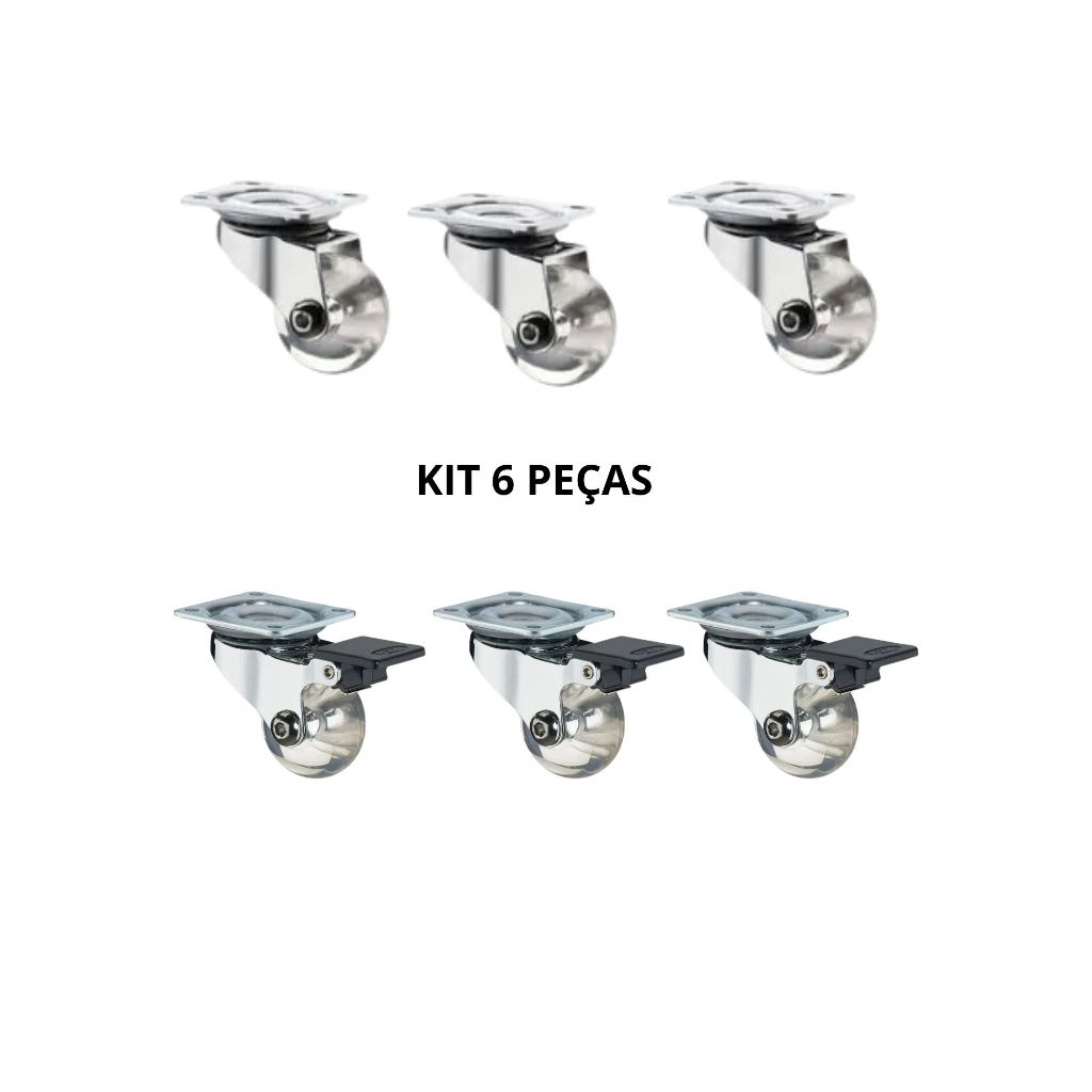 Kit 6 Rodinhas Rodizio Giratório Silicone Gel Transparente 35mm Sem Trava e Com Trava