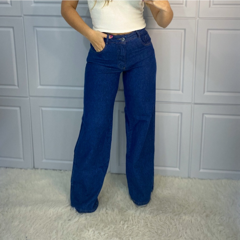 Calça jeans wide leg escura fabricação primeira não elestica em Oferta na Shopee