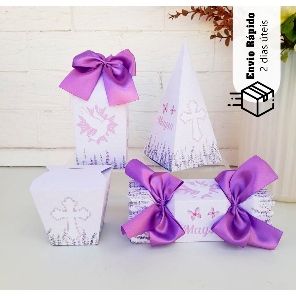 Kit Pegue Monte Personalizados Batizado Lavanda 20 a 60 Caixinhas Lembrancinhas de Batizado